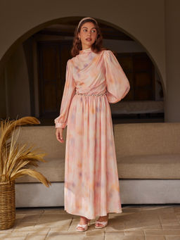 Cider - Satin Stand Collar Gradient Ruched Ruffle Lantern Sleeve Maxi Dress