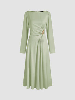 Cider - Satin Boat Neck Metal Detail Ruched Knotted Ruffle Midi Dress