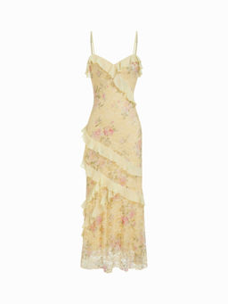 Cider - Lace V-Neck Floral Ruffle Maxi Dress