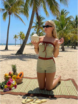 Cider - Cotton-Blend Stripe Knotted Contrasting Binding Bandeau Romper