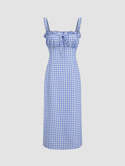 Cider - Cotton-Blend Square Neck Gingham Lettuce Trim Lace Up Midi Dress