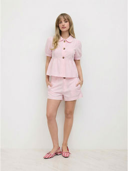 Cider - Cotton-Blend Peter Pan Collar Puff Sleeve Stripe Top & Low Rise Shorts Set