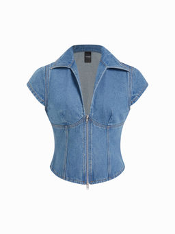 Cider - Denim Polo Neck Zip Through Blouse