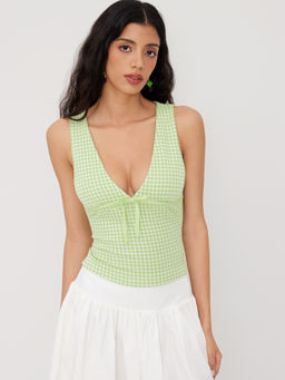Cider - V-Neck Gingham Bowknot Top