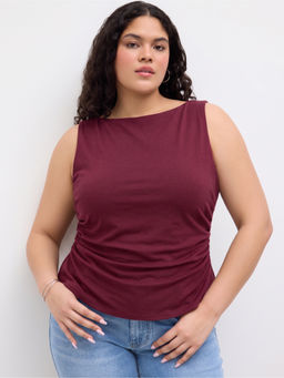 Cider - Linen-Blend Boat Neckline Bowknot Top Curve & Plus