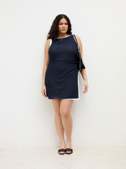 Cider - Boat Neck Ruched Split Mini Dress With Solid Mini Dress Curve & Plus