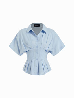 Cider - Linen-Blend Collar V-Neck Pleated Short Sleeve Shirt