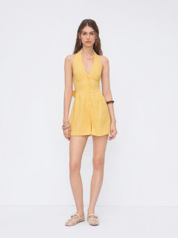 Cider - Linen-Blend V-Neck Button Bowknot Backless Romper