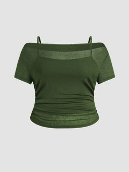 Cider - Off-Shoulder Ruched Short Sleeve Tee & Cami Top Curve & Plus