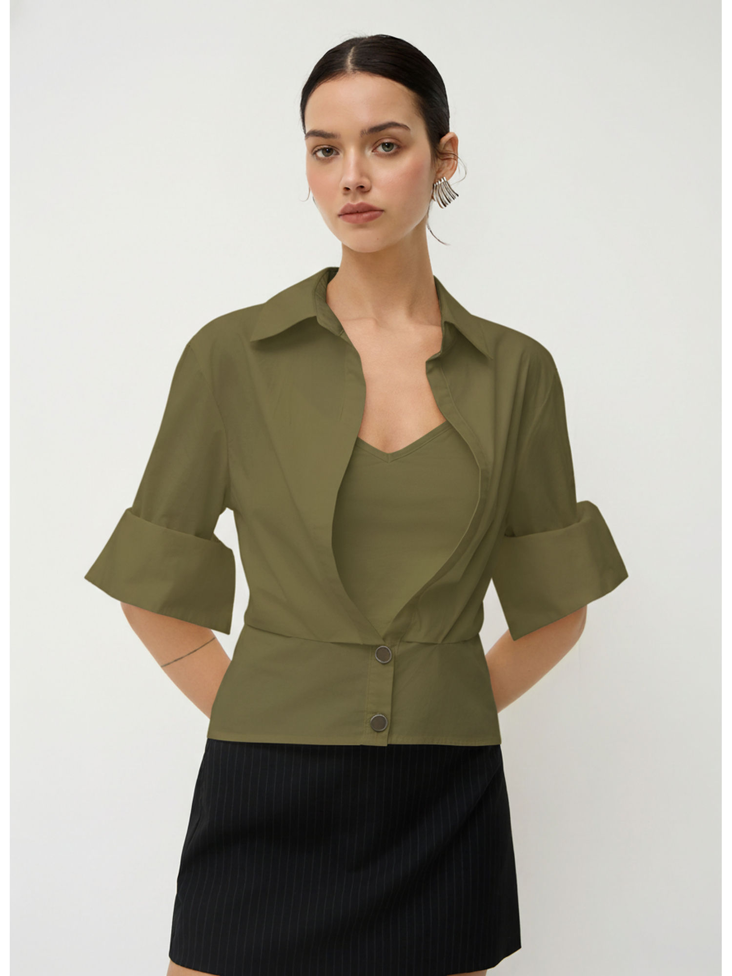 cider Cotton Collar Mid-Length Sleeve Shirt With Cami Top-picture-12