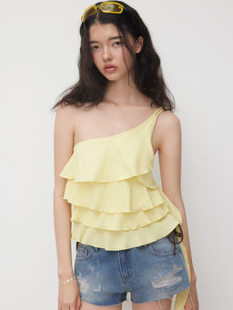 Cider - Asymmetrical Neck Ruffle Hem Layered Blouse