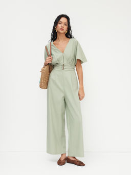 Cider - Linen-Blend V-Neck Ruched Dolman Sleeve Jumpsuit