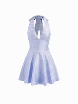 Cider - Jacquard Sculptural Halter V-Neck Lace Up Backless Ruffle Mini Dress