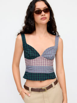 Cider - Cotton-Blend Sweetheart Neck Tartan Patched Shirred Top