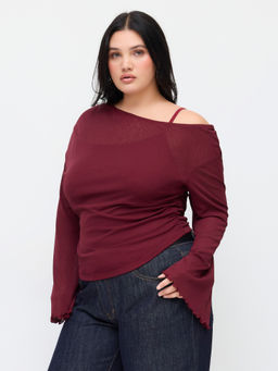 Cider - Asymmetrical Neck Ruched Lettuce Trim Tee Curve & Plus