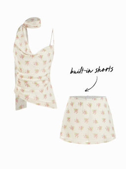 Cider - Cowl Neck Ruched Polka Dot Cami Top With Scarf & Mid Rise Mini Skort Set