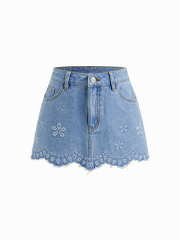 Cider - Denim Low Rise Floral Embroidery Raw Hem Mini Skirt