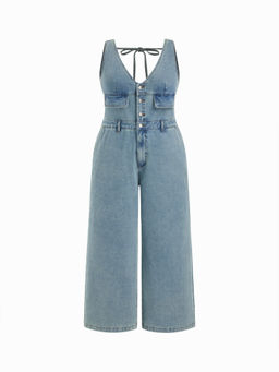 Cider - Denim V-Neck Knotted Wide Leg Jumpsuit Curve & Plus