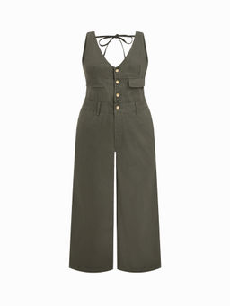 Cider - Denim V-Neck Knotted Wide Leg Jumpsuit Curve & Plus