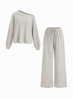 Cider - Cotton-Blend Asymmetrical Neck Striped Top & Mid Rise Trousers Loungewear Set