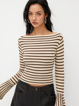 Cider - Knit Boat Neck Stripe Long Sleeve Top