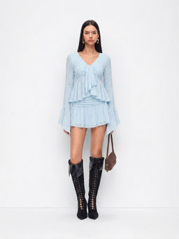 Cider - Lace V-Neck Pointelle Bell Sleeve Crop Top With Ruched Mini Skirt Set