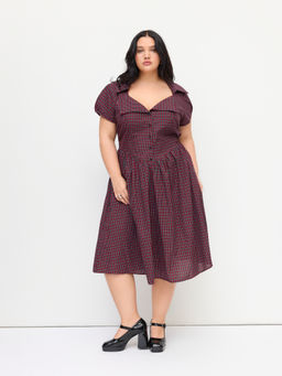 Cider - Cotton-Blend Sweetheart Puff Sleeve Plaid Buckle Midi Dress Curve & Plus
