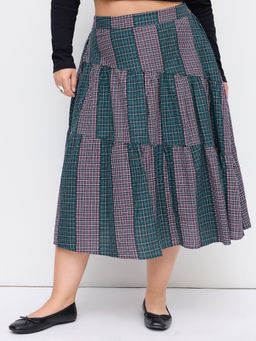 Cider - Cotton-Blend Mid Rise Tartan Patched Tiered Skirt Curve & Plus