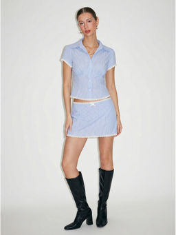 Cider - Cotton-Blend Plaid Collar Short Sleeve Blouse & Mid Rise Lace Trim Bowknot Mini Skirt Set