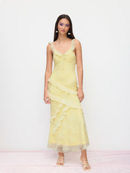 Cider - Lace Scoop Neckline Knotted Cut Out Ruffle Trim Maxi Dress