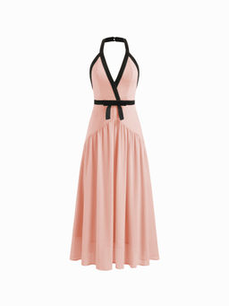 Cider - Halter Neckline Backless Contrasting Binding Bowknot Ruffle Hem Maxi Dress