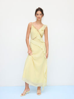 Cider - Chiffon V-Neck Lace Trim Ruffle Hem Maxi Dress