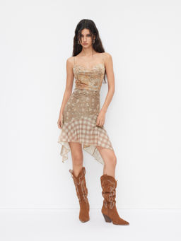 Cider - Mesh Floral Plaid Patchy Cowl Neck Asymmetrical Hem Ruffle Midi Dress