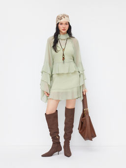 Cider - Two Pieces Chiffon Collar Bell Sleeve Layered Ruffle Mini Dress With Cami Mini Dress