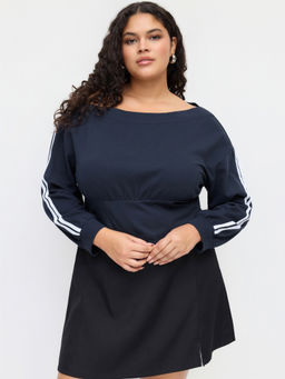 Cider - Terry Asymmetrical Neck Side Stripe Lace Up Corset Sweatshirt Curve & Plus