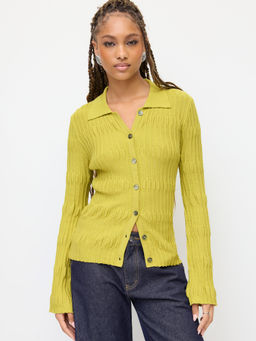 Cider - Knit Collar Shirred Long Sleeve Button Cardigan