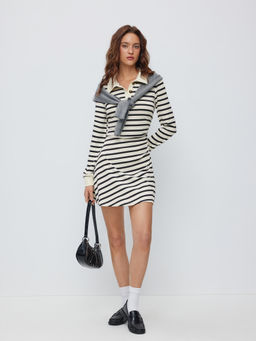 Cider - Cotton-Blend Stripe Collar Long Sleeve Mini Dress