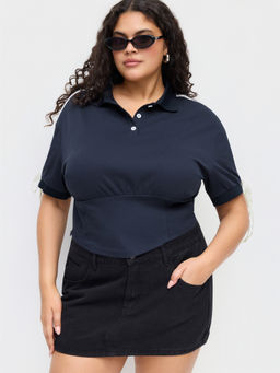 Cider - Cotton-Blend Collar Lace Up Corset Side Striped Tee Curve & Plus