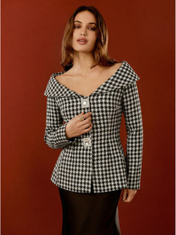 Cider - Tweed Houndstooth Collar Rhinestone Detail Cinched Waist Blazer