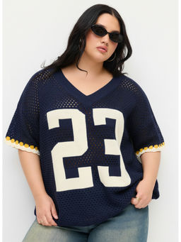 Cider - Knit V-Neck 23 Graphic Hollow Out Oversized Top Curve & Plus
