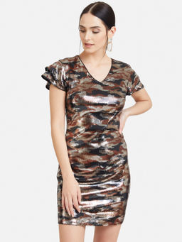 Kazo - Multi-Color V Neck Sleeve Ruffle Mini