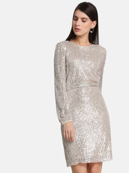 Kazo - Champagne Shimmer Belted Mini Dress