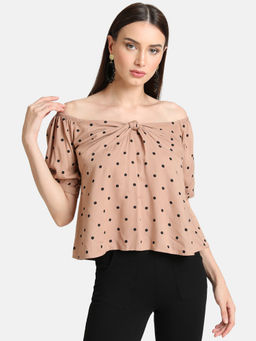 Kazo - Beige Combo Printed Off Shoulder Top