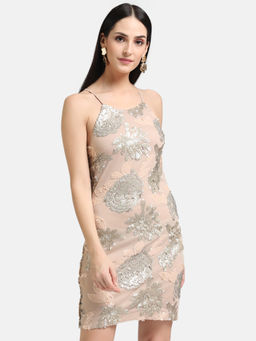 Kazo - Beige Sheath Fit Mesh Dress