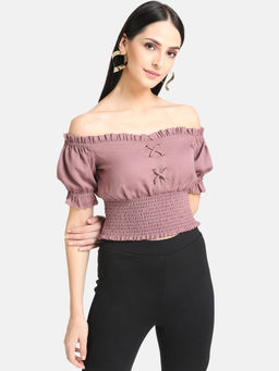 Kazo - Grape Shake Smocked Wide Neck Crop Top