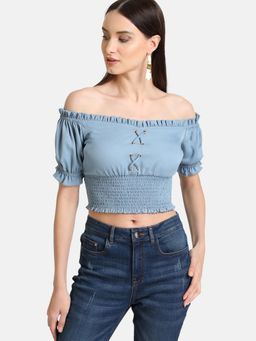 Kazo - Smoke Blue Smocked Wide Neck Crop Top