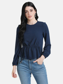 Kazo - Navy Blue Waist Tunnel Detail Top