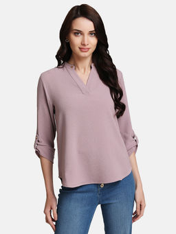 Kazo - Mauve V Neck Sleeve Turn Up Top