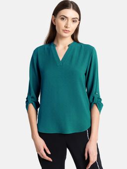Kazo - Turquoise V Neck Sleeve Turn Up Top