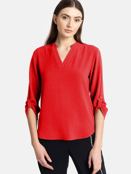 Kazo - Racing Red V Neck Sleeve Turn Up Top